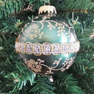 Vintage AmeriChristmas Glass Ball Christmas Ornament Green Gold Glitter